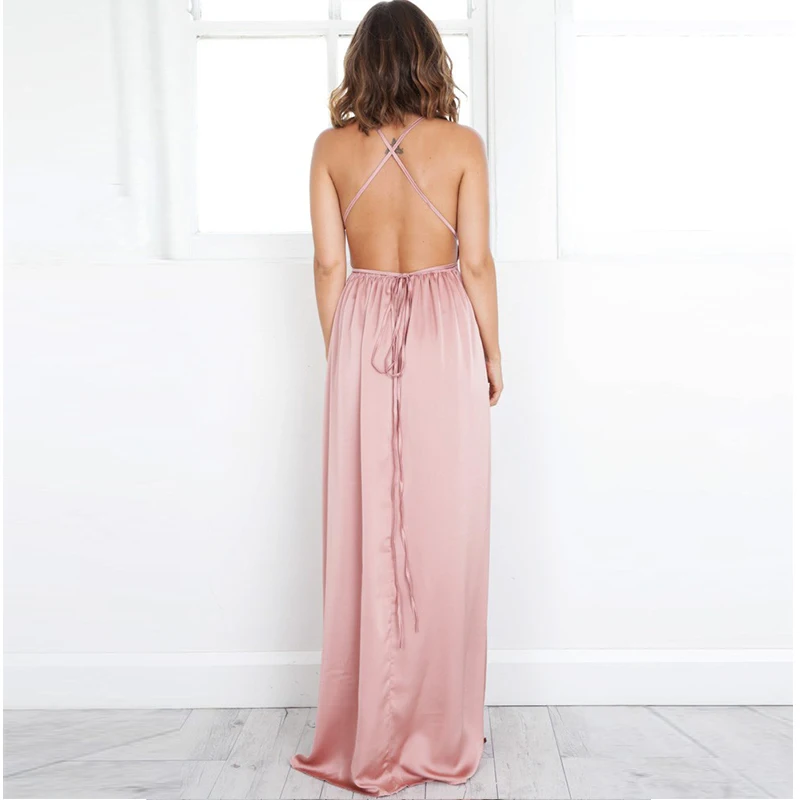 Women Pink Deep V Neck Tie Up Waist Spaghetti Strap Sleeveless Off Shoulder Backless Long Evening Sexy Femme Vestidos Dresses | Женская