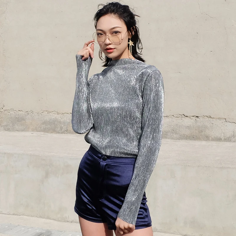 Женская блузка с длинным рукавом однотонная золотистая и серебристая сетчатая