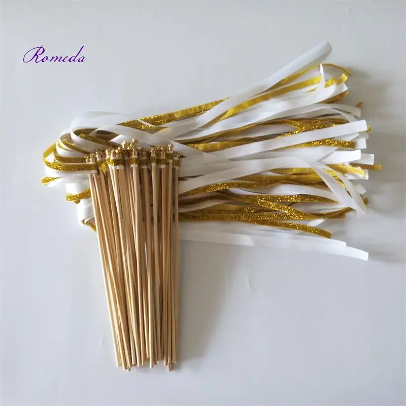 Varitas de cinta de boda de oro y blanco con campana de oro para decoraci&oacute;n de boda, 50 unids/lote, novedad-4