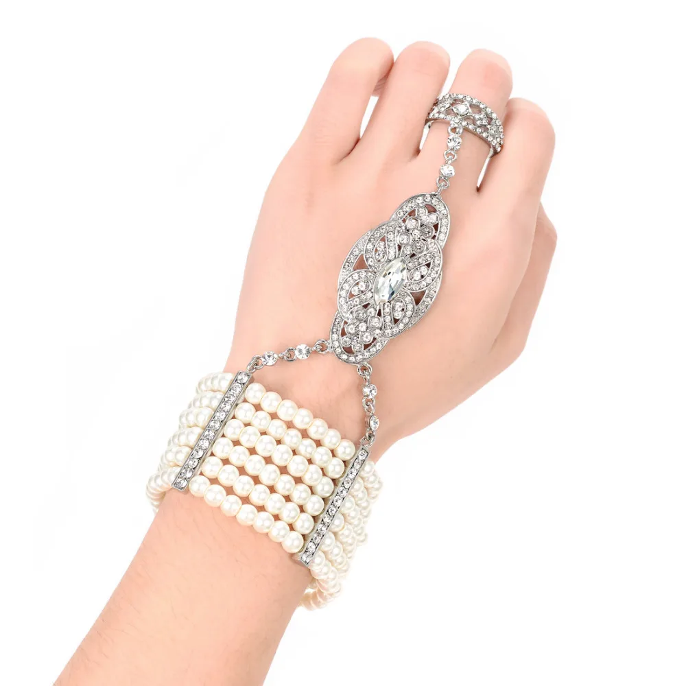 Винтажный Браслет из искусственного жемчуга, набор колец, тянущийся в стиле Грейт Гэтсби, женские ретро аксессуары 1920s для свадебной вечеринки