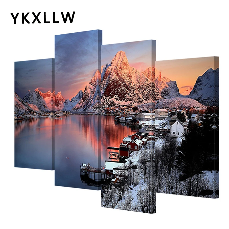 4 шт. Печать HD Painting Модульная современная пейзаж озеро натуральный снег Арт Холст Печати настенные картины Ванная комната Домашний декор.