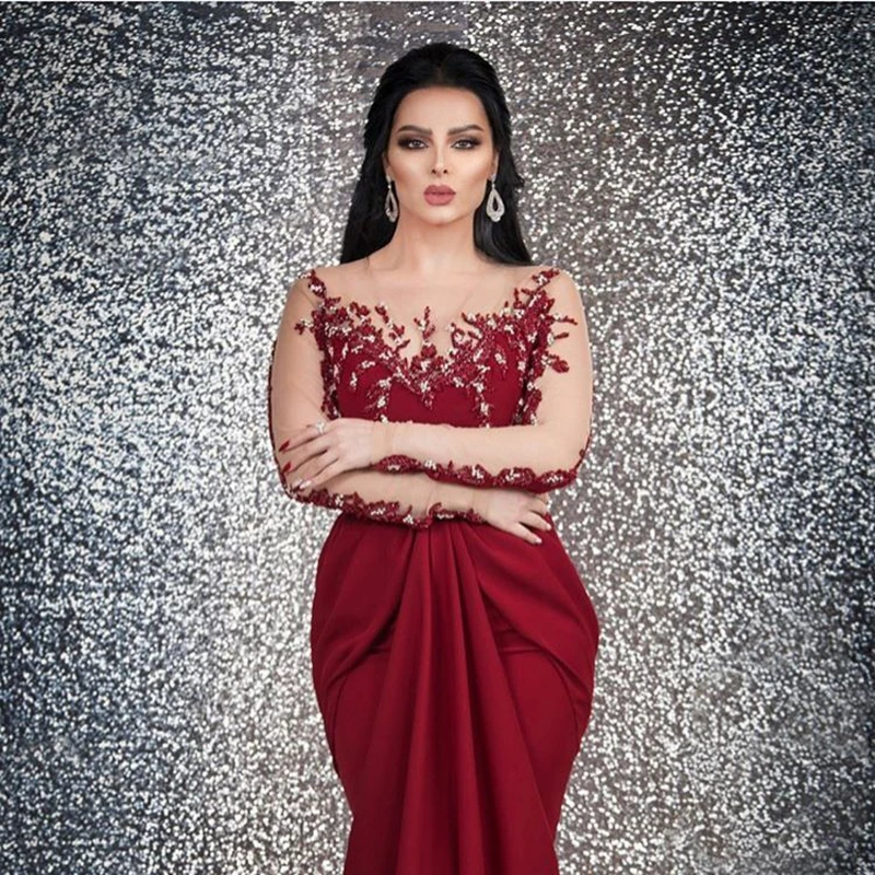 Женское вечернее платье-русалка бордовое длинное платье с длинным рукавом в