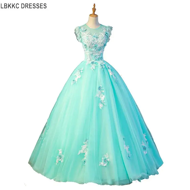 Аквамарин тюлевые аппликации кружево Выпускные платья скромное бальное платье