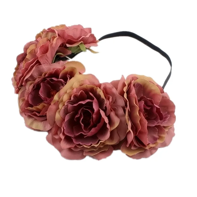 Bohemia Big Lilies Floral Crown Party Wedding Hair Wreaths Hair Bands Holiday Flower Headband with Adjustable Elastic Ribbon