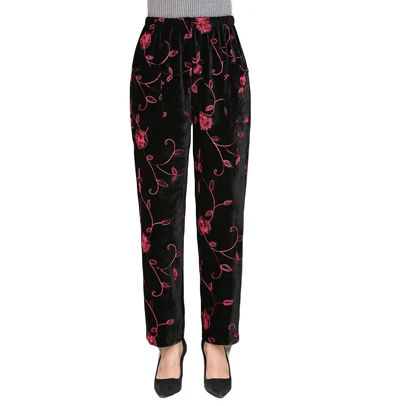 Штаны для пожилых женщин плюс бархатные утепленные штаны матери с вышивкой