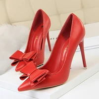 women pumps sweet style bow candy colors pu leather pointed toe slip on shallow 10 5cm thin high heels lady party women shoes