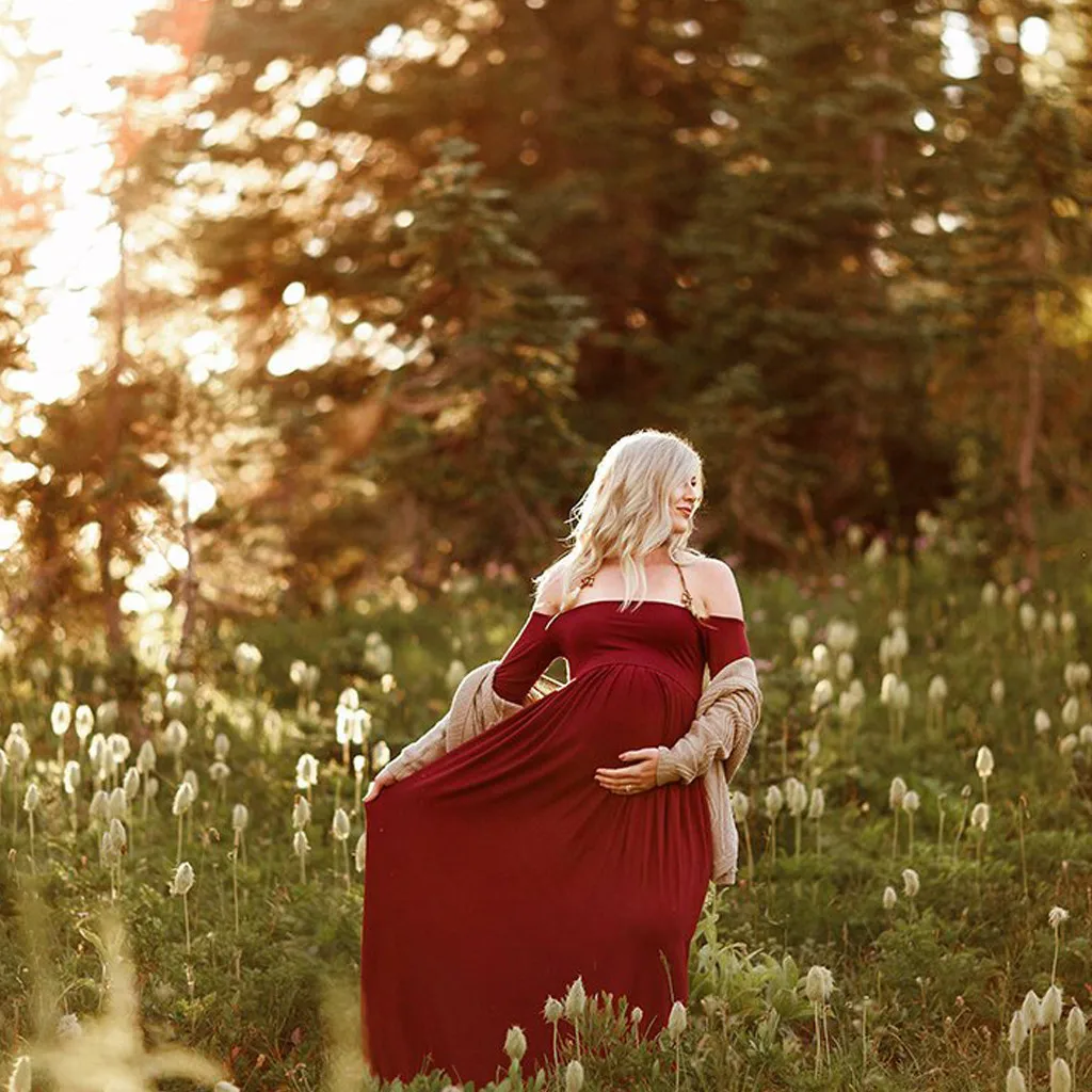 

Maternity Autumn Dresses Women Pregnants Sexy Photography Props Off Shoulders Maternity Solid Dress Winter Dresses For Art Photo