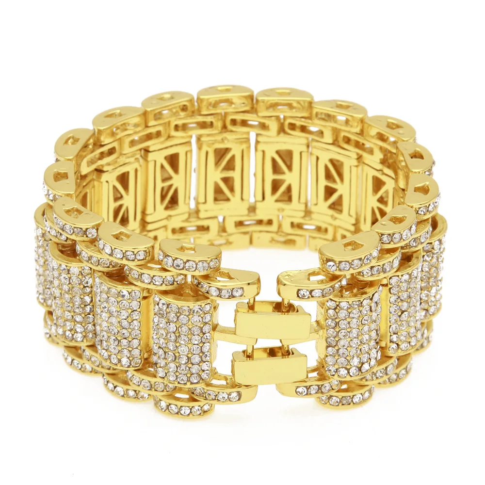 Хип хоп Полный Стразы Bling Iced Out Rapper Браслет Золотой Серебряный часы группа звено цепи браслеты для мужчин ювелирные изделия