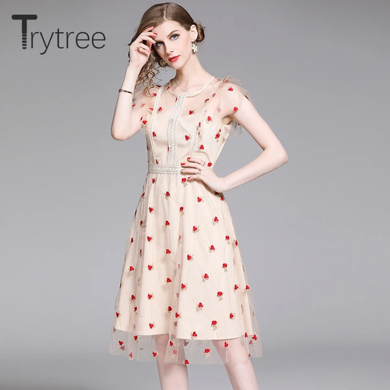 Trytree летнее платье элегантное женское кружевное красивое Сетчатое украшение