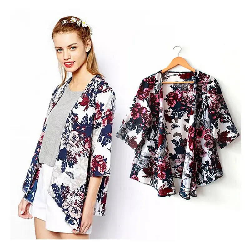 

Summer Women 3/4 Sleeve Casual Shirts Floral Print Kimono Loose Casual Chiffon Coat Cardigan Loose Tops Chiffon Blouse