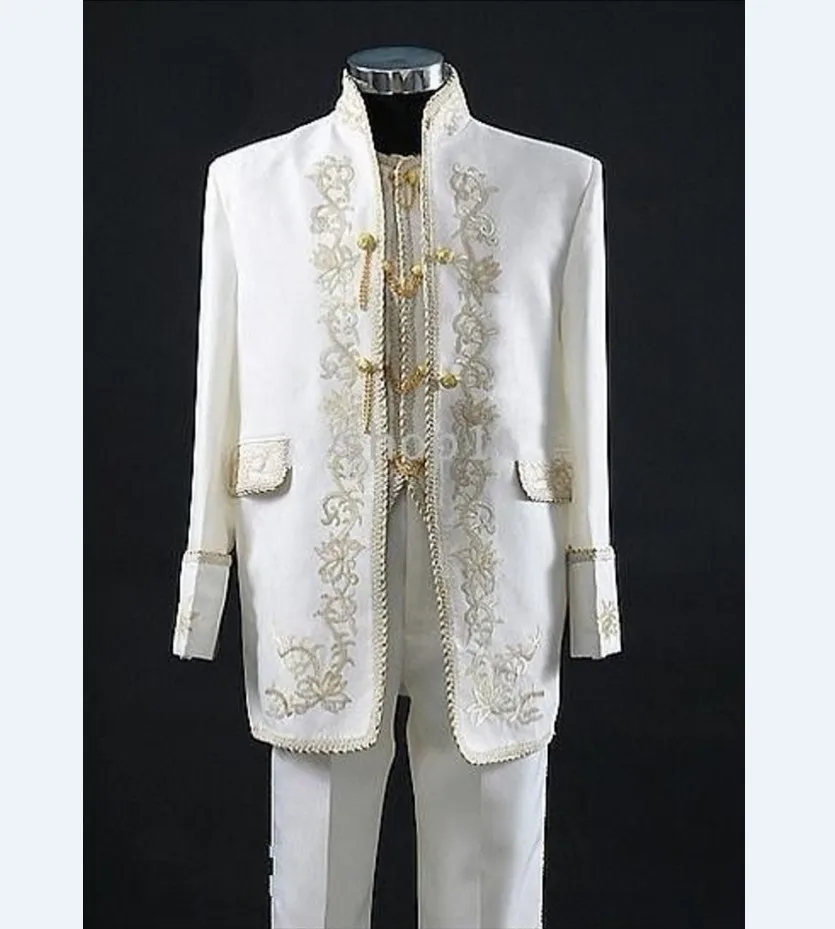 

New Embroidery Groomsmen Mandarin Lapel Groom Tuxedos Ivory Men Suits Wedding/Prom Best Man Blazer (Jacket+Pants+Vest) C10