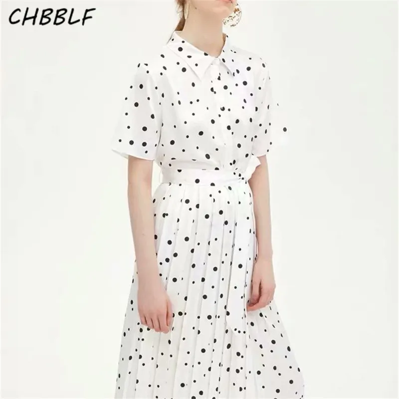 

CHBBLF women vintage polka dots white midi dresses bow tie sashes female stylish mid calf dresses vestido WEW6109