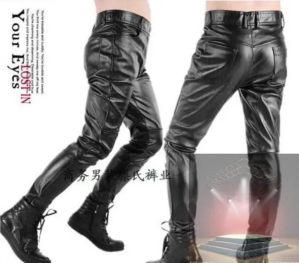 Spring and autumn mens tight leather pants male slim black patchwork PU motorcycle feet pants mens faux leather trousers black