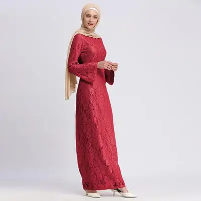 Элегантное мусульманское платье кружевное платье-футляр abaya Макси-платье кардиган с расклешенными рукавами длинные халаты арабский Рамадан вечерние платья Кафтан исламский - Цвет: Красный