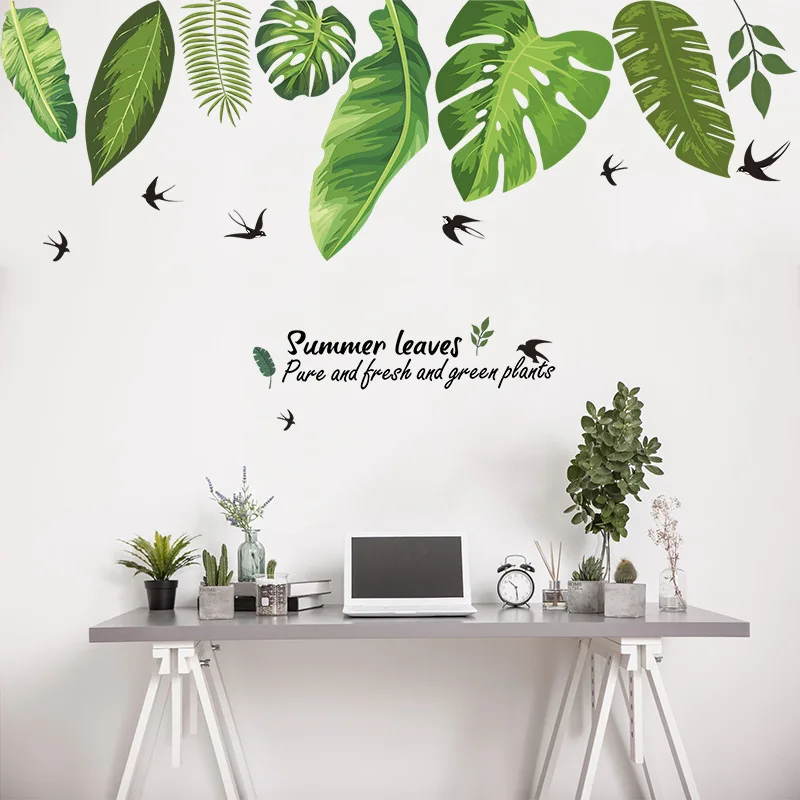 Green Leaves Wall Stickers for Dining room Living Bedroom Background Decor Removable Vinyl Decals Wallpaper Art Murals | Дом и сад