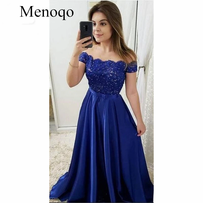

Menoqo Elegant 2020 A-Line Royal Blue Prom Dresses off Shoulder with Lace Beaded Satin Formal Evening Party Dress for Women