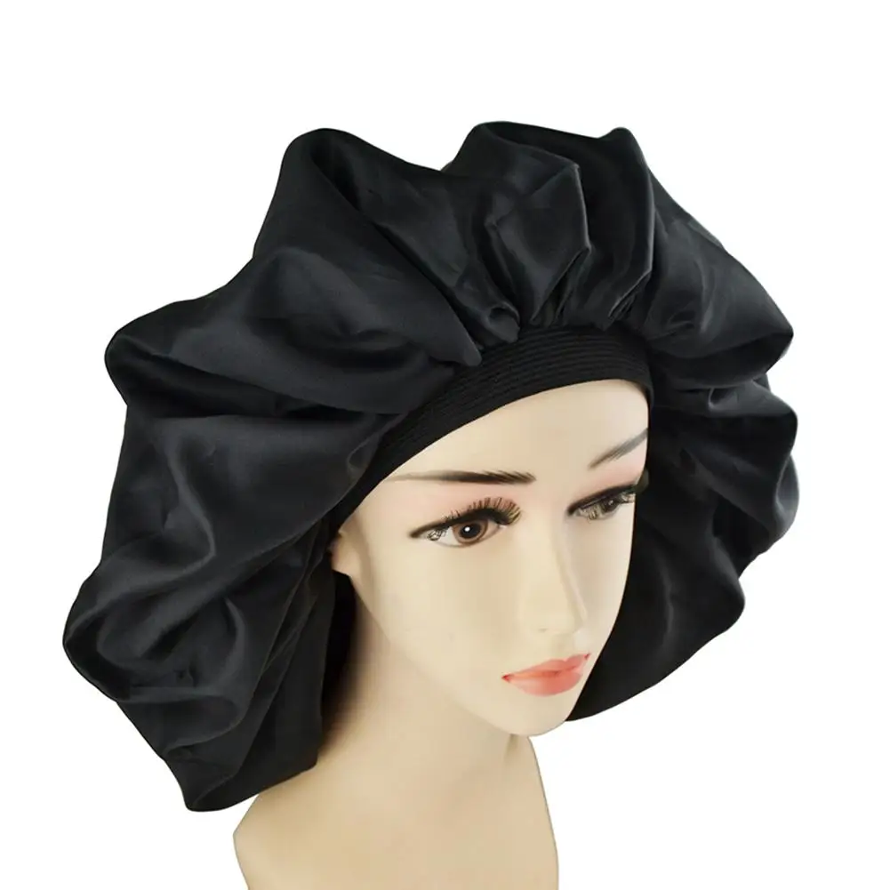 Super Big Size Beauty Salon Cap Satin Bannet Cap Sleep Night Cap Head Cover Bonnet Hat For For Curly Springy Hair Black Color