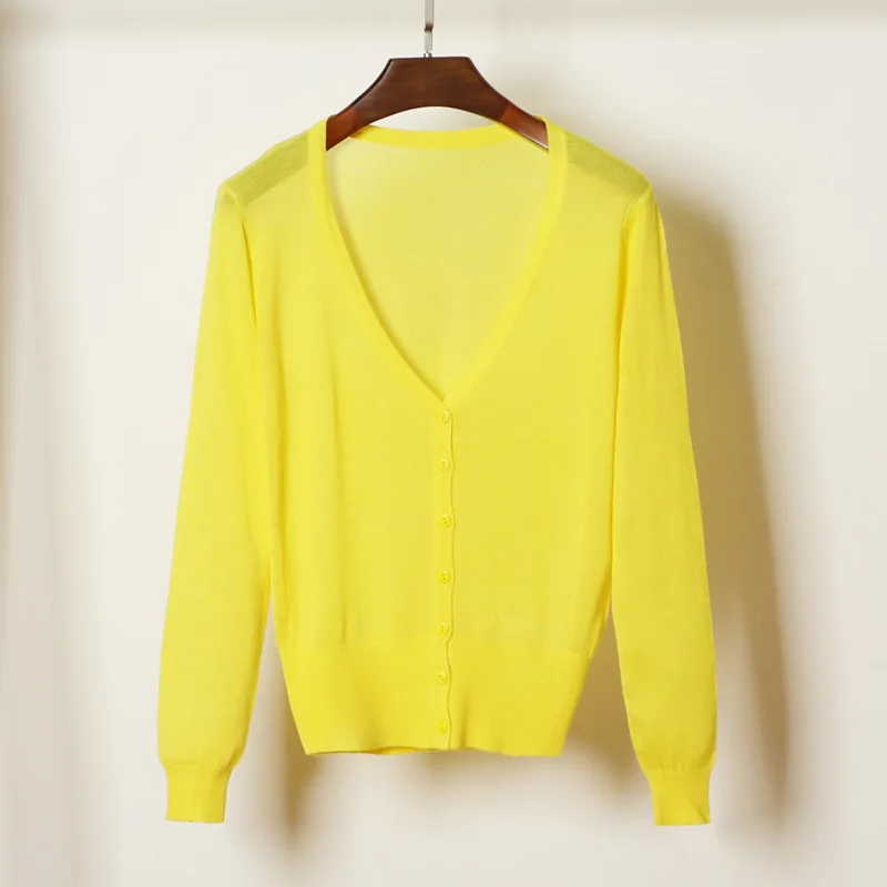 bright yellow 27 цветов для женщин вязаный кардиган летние тонкие короткий свитер кардиган пальто дамы плюс размеры с длинным рукавом повседневное женский то - Цвет: bright yellow