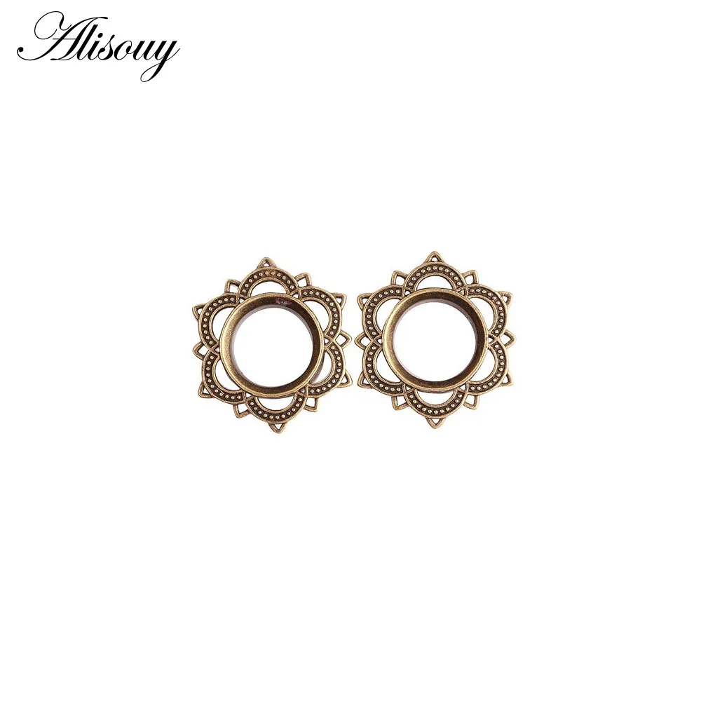 Style 2 Alisouy, 1 пара, винтажные, антикварные, латунные, для уха, телесный, тоннель, сердце, полый, любовь, цветок, двойная вспышка, для уха, калибр, пирсинг, ювелирные изделия для тела - Окраска металла: Style 2