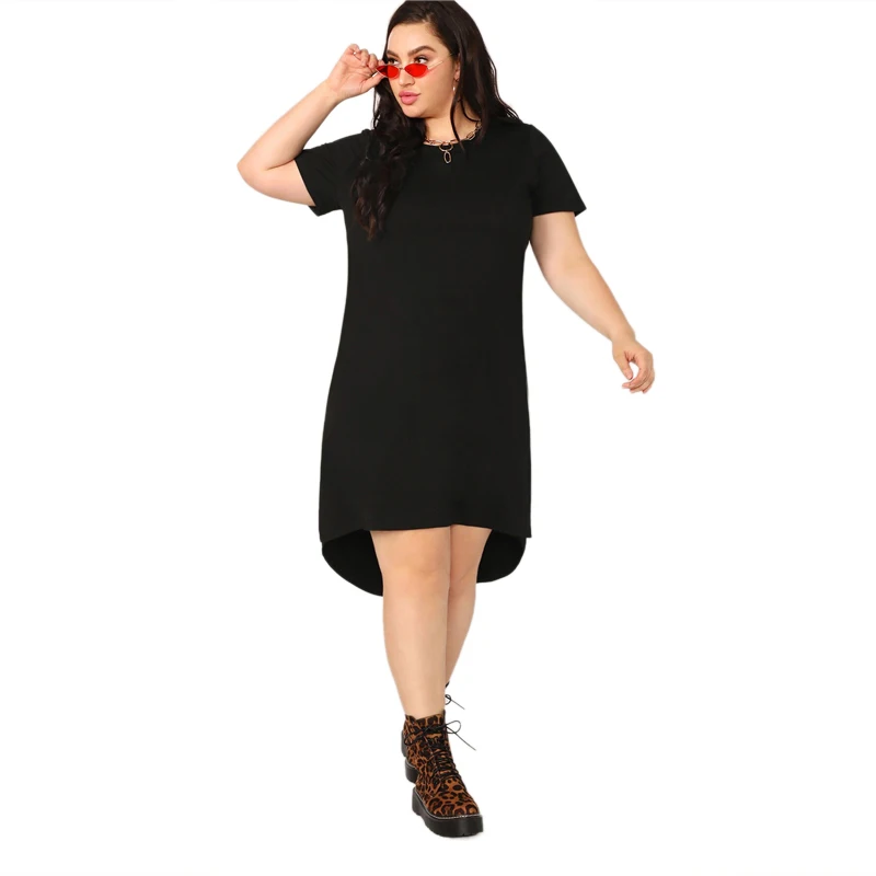 SHEIN, платье-туника размера плюс, черное, с разрезом, с высоким-низким подолом, однотонное,, женское, летнее, повседневное, с разрезом, прямое, плюс платья