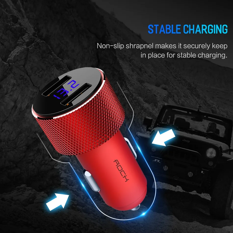 ROCK универсальное металлическое автомобильное зарядное устройство с двумя usb-портами и цифровым дисплеем для iPhone X 8 XS Xiaomi samsung Mini 5V 3.4A Автомобильная Быстрая зарядка