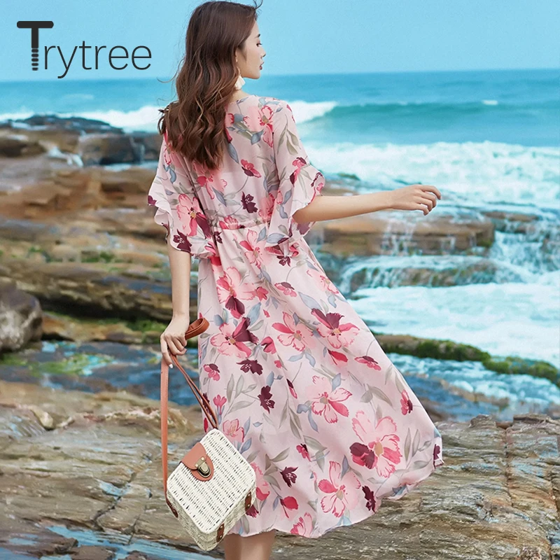 Trytree/2019 летнее осеннее Повседневное платье с принтом полиэстер рукав бабочка