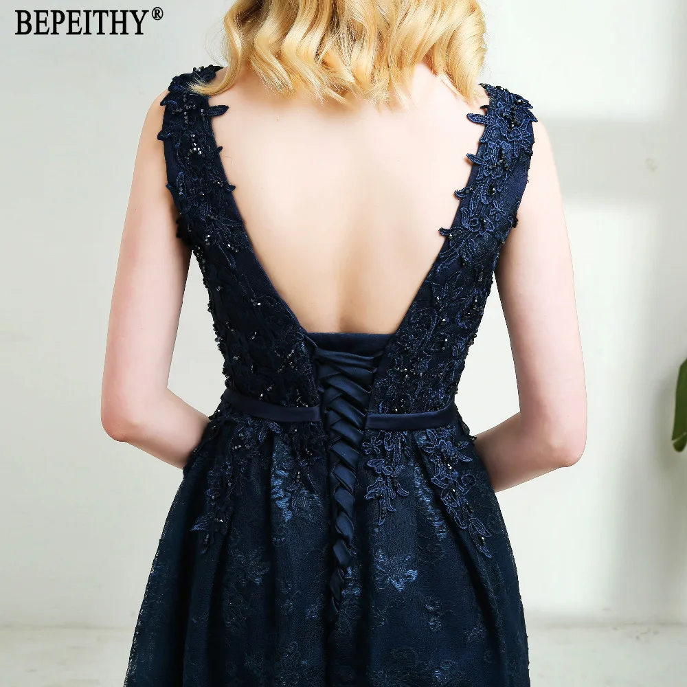 BEPEITHY vestido de festa Новое поступление V образным вырезом темно-синее Кружево Платья на выпускной с бусинами ремень Длинные вечерние платья