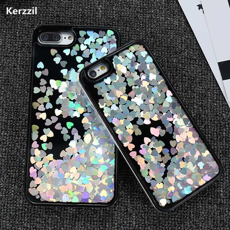 Kerzzil Glitter Liquid Quicksand Phone Case For iPhone 7 8 Plus Shiny Love Heart Sequin Cases 6 6s Hard Back | Мобильные телефоны и