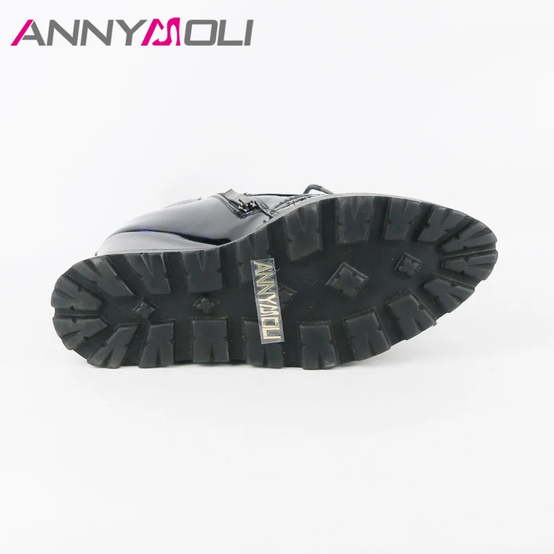 ANNYMOLI/женские ботильоны на платформе; ботинки на танкетке; обувь черного цвета на высоком каблуке; женские осенние полусапожки на шнуровке и молнии; коллекция года; цвет красный, черный
