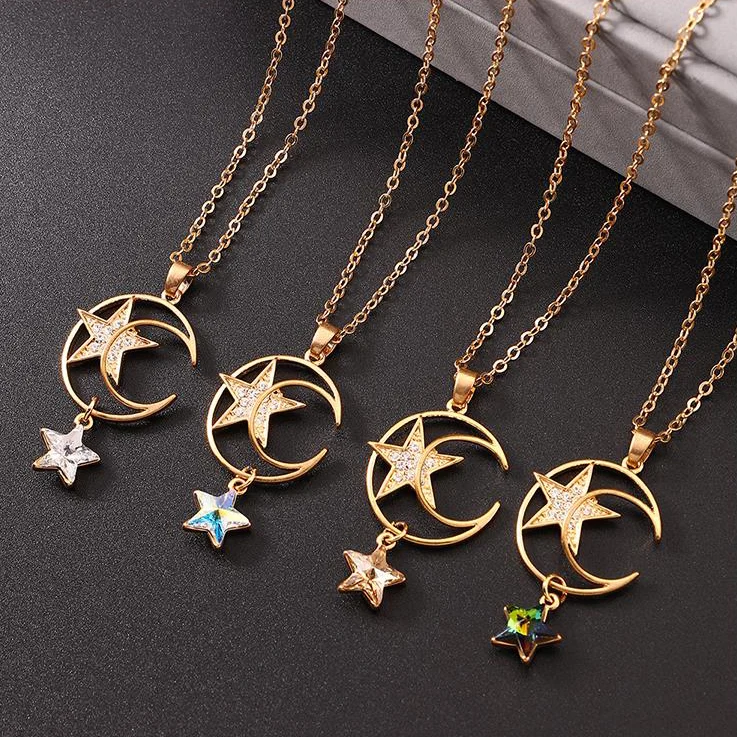 Модные Кристаллы от Swarovski Star & Moon ожерелье с подвеской для женщин Золотая цепочка