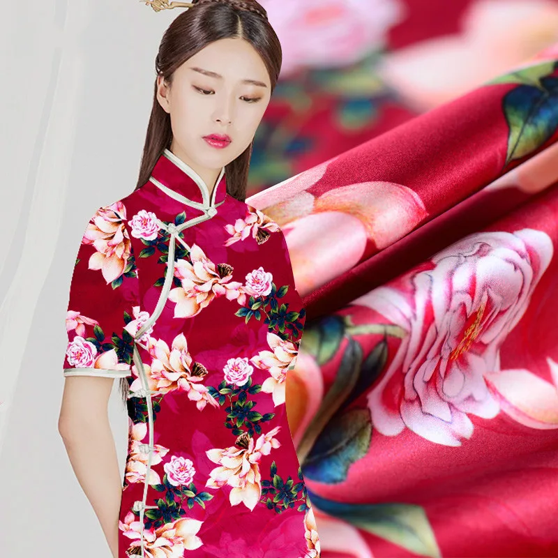 

new red silk stretch satin digital printed silk fabric silk cloth mulberry silk cheongsam dress skirt fabric wholesale