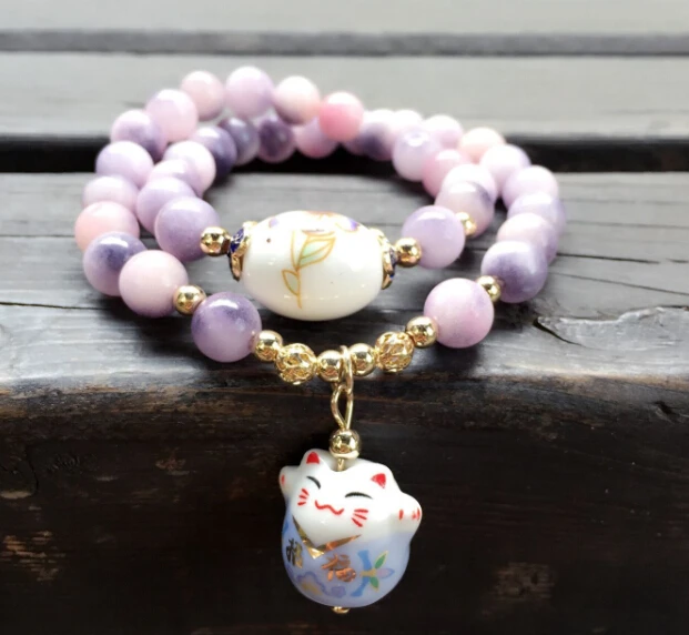 Lucky Cat натуральный камень браслет милый кот очарование Кристалл бисер браслеты для женщин Многослойные ювелирные изделия женские