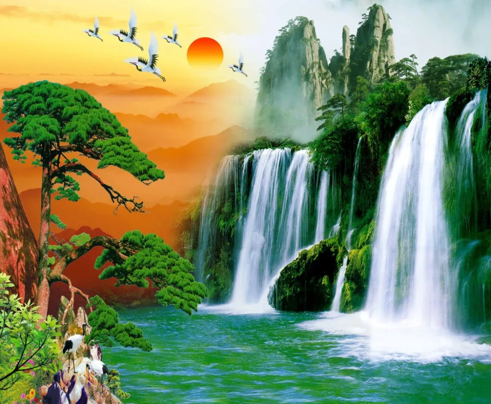 

Beautiful Photo Fashion Customized 3D Curtains Sunrise Waterfall Scenery Bed room Living room Office Hotel Cortinas 3D Curtain