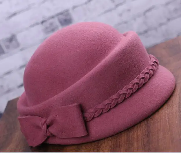 dark pink Элегантные шерсть Fedora Зимние Свадебные шапки для женщин женские береты с бантом шапки Pillbox Hat Chapeau H3 - Цвет: dark pink