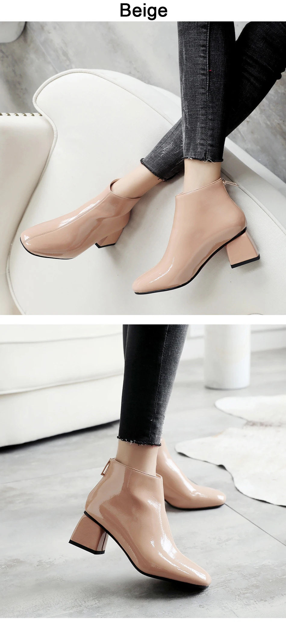 Gdgydh Spring Women Platform High Heels Boots Round Toe Autumn Women Comfortable Ankle Boots Patent Leather Women Shoes