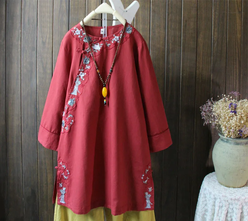 Новинка осеннее платье-рубашка в китайском стиле Mori Girl винтажное из хлопка и льна