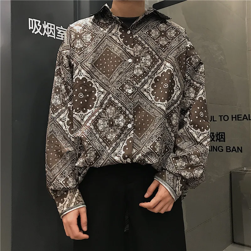 Корейский мужской/женский Harajuku уличная хип-хоп свободная бандана оверсайз с принтом пейсли, футболка, топ, рубашка, блуза с длинным рукавом