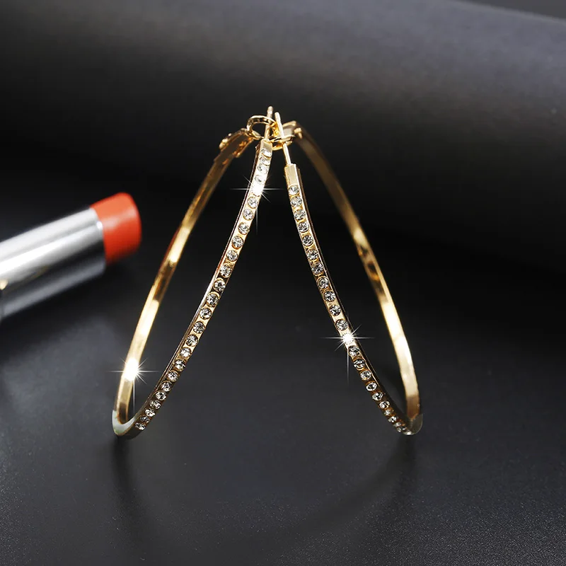 Women's Fashion Hoop Earrings with Rhinestone Circle Design - Simple and Elegant Big Circle Gold Color Loop Earrings image 3