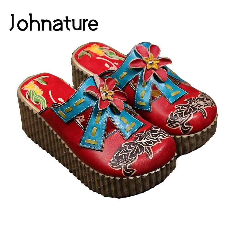 

Johnature Genuine Leather Hand-painted Summer Platform Slippers Outside Flower Wedges Slides National Style Sandals Women Shoes