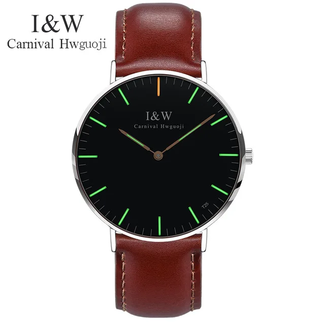 Brown Silver Green Модные мужские ультратонкие деловые кварцевые часы, карнавальный светильник I& W Тритий, светящиеся Мужские часы с кожаным ремешком, наручные часы, Relojes Hombre - Цвет: Brown Silver Green