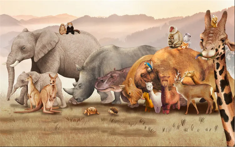 3D retro animal TV sofa background wall elephant giraffe children room bedroom wallpaper decorative painting | Обустройство дома