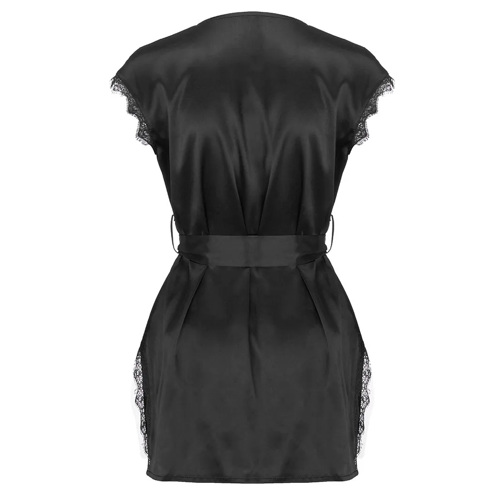 Short Sleeve Robe Women Satin Pajama Sexy Night Dress With Belt Nighties Nightgown Sleepwear Nightwear Nightshirt Bathrobe