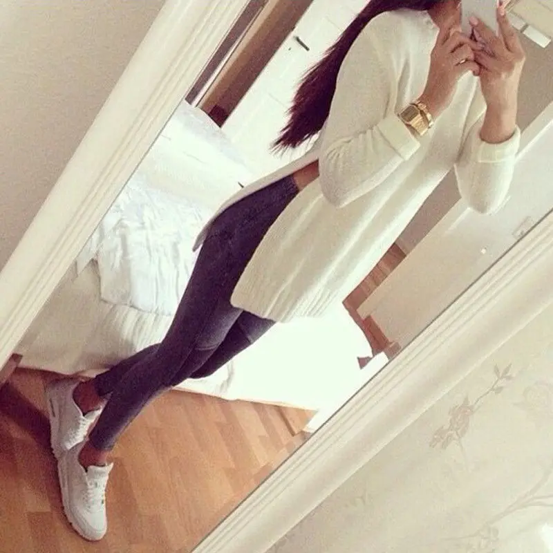 Женский вязаный свитер Белый пуловер с длинным рукавом разрезом по бокам