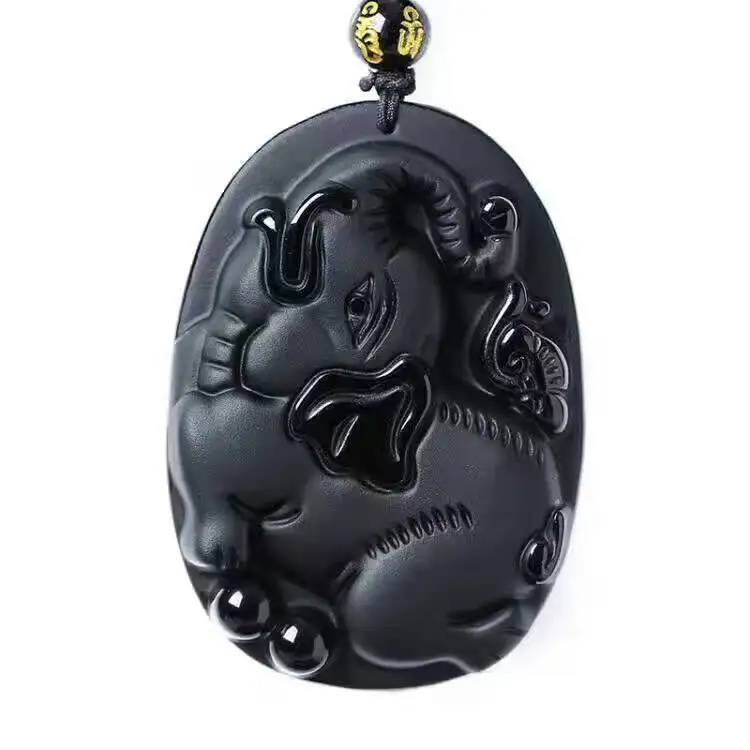 Натуральный черный обсидиан ручной резной Счастливый слон кулон + веревка