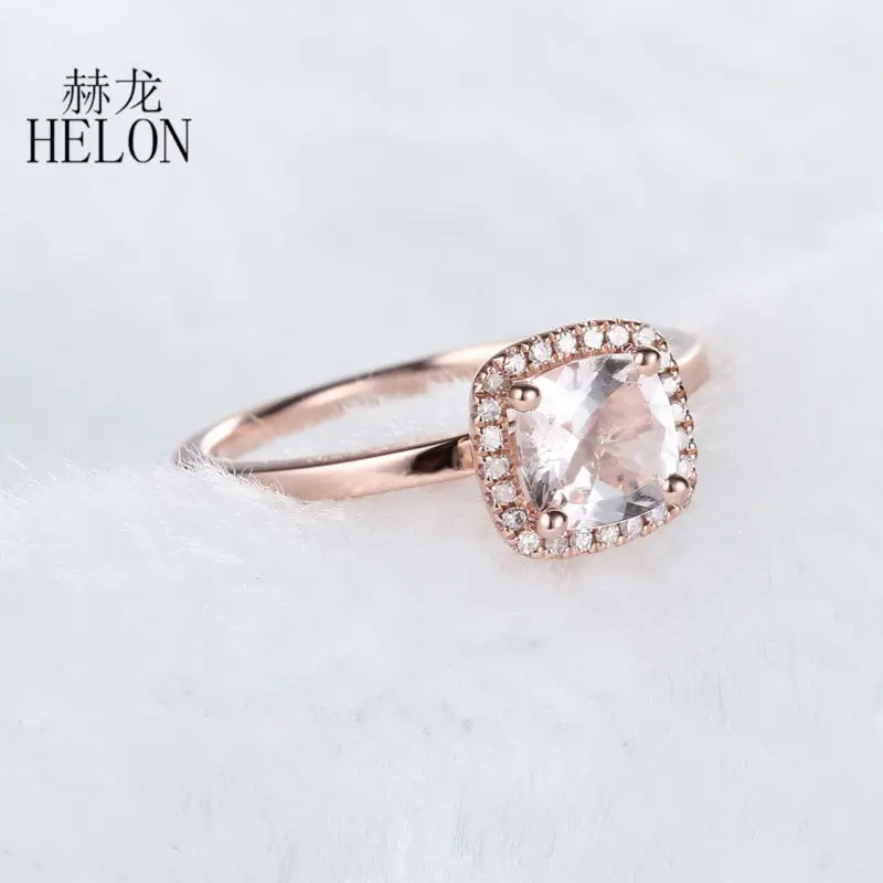 

HELON Real 10K Rose Gold Flawless Cushion Cut 6x6mm Natural Morganite Ring Women Engagement Wedding Diamonds Ring Trendy Jewelry
