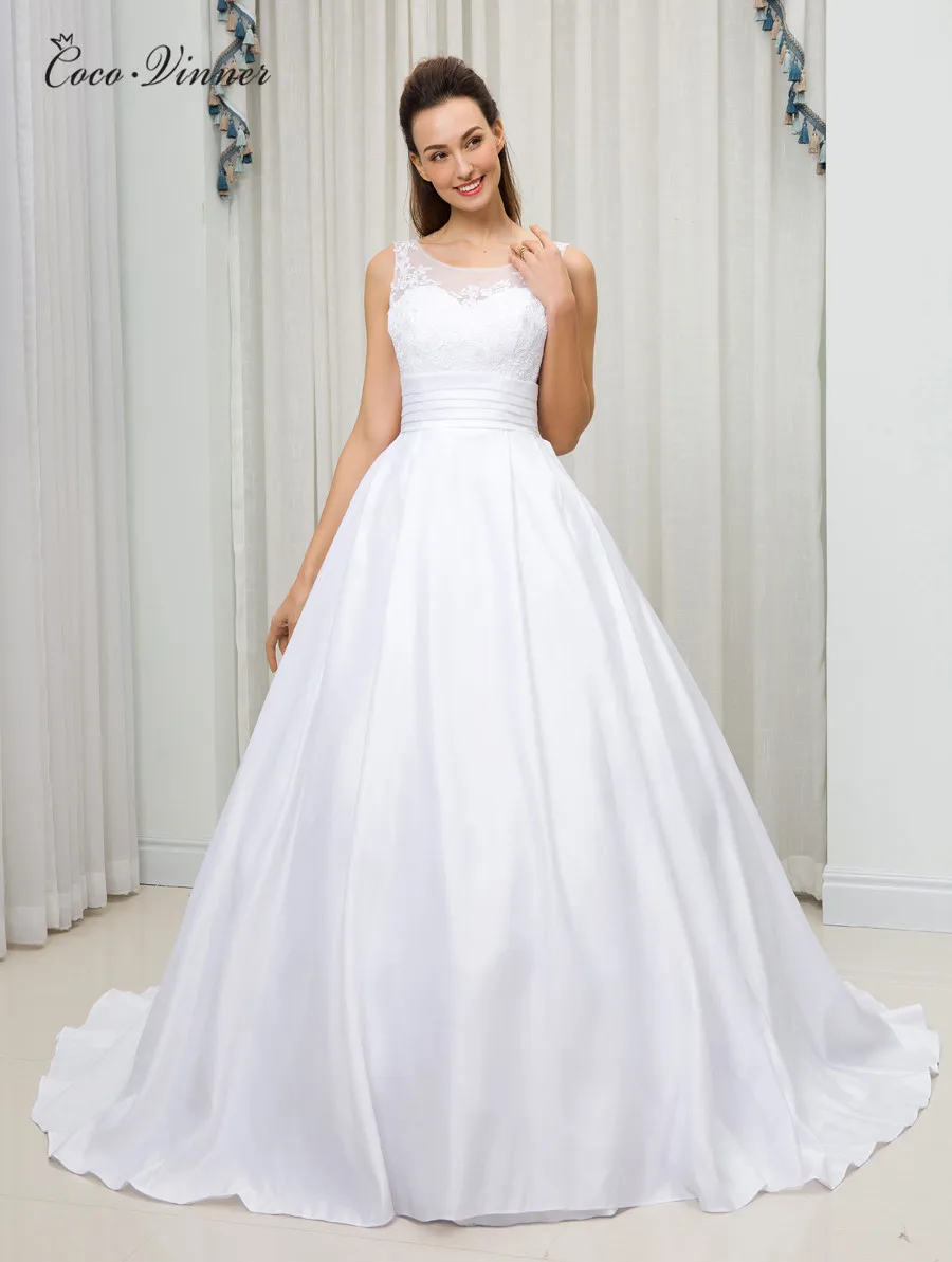 Vintage Elegant Ball Gown Satin Wedding Dress Europe New Boat Neck Lace Appliques Ruched Simple Bright Dresses W0204 | Свадьбы и
