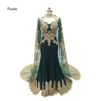 2017 custom made gold lace appliques mermaid muslim evening dresses sheer sleeves arabic prom party dress with cloak emerald