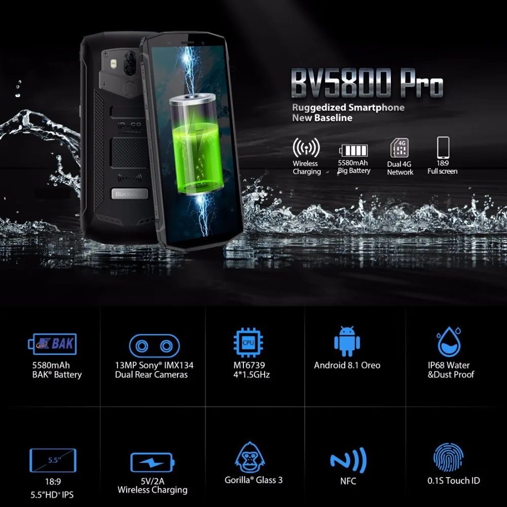 Blackview BV5800 Pro смартфон IP68 Водонепроницаемый 5 &quot18:9 HD + Android 8 1 мобильный телефон с