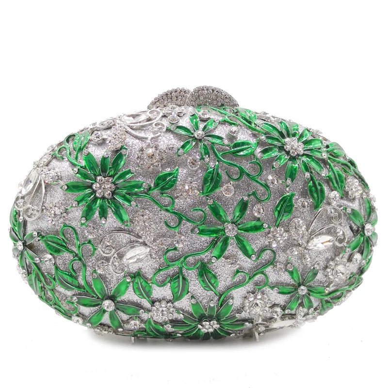 

XIYUAN Green Floral Clutch Purse Golden /Silver Metal Evening Bags Clutches Women White Diamond Dinner Banquet Clutches Handbags