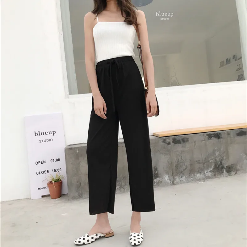 Pure Color Casual Lace Up Women Wide Leg Pants Loose High Waist Palazzo Black Ankle-Length Summer Trousers | Женская одежда
